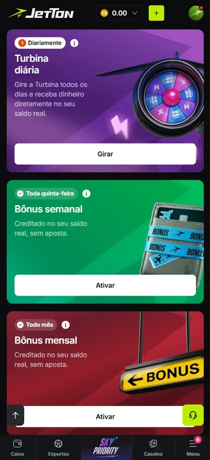 Ofertas recorrentes da Jetton: Turbina diária com botão Girar, Bônus semanal às quintas-feiras e Bônus mensal