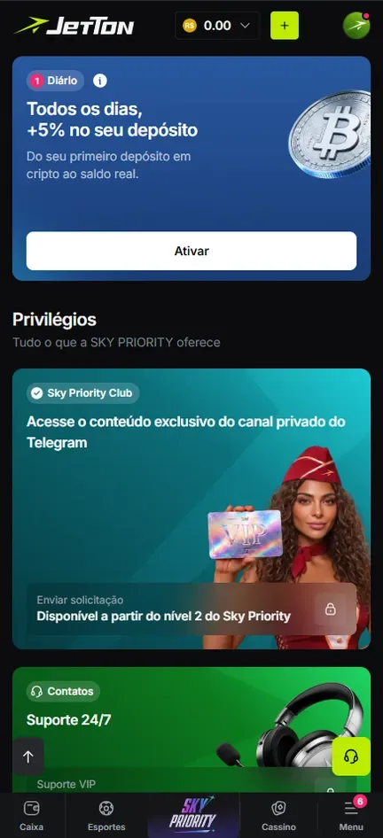 Seção Privilégios do Sky Priority na Jetton com o card Sky Priority Club e o aviso de acesso a partir do nível 2