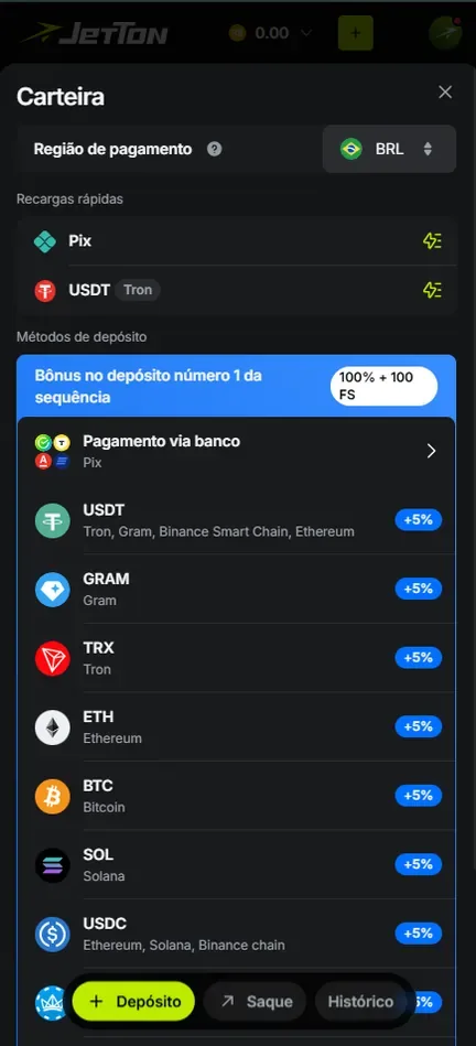 Lista de métodos de depósito da Jetton: Pagamento via banco (Pix) e USDT, GRAM, TRX, ETH, BTC, SOL e USDC com selo +5%