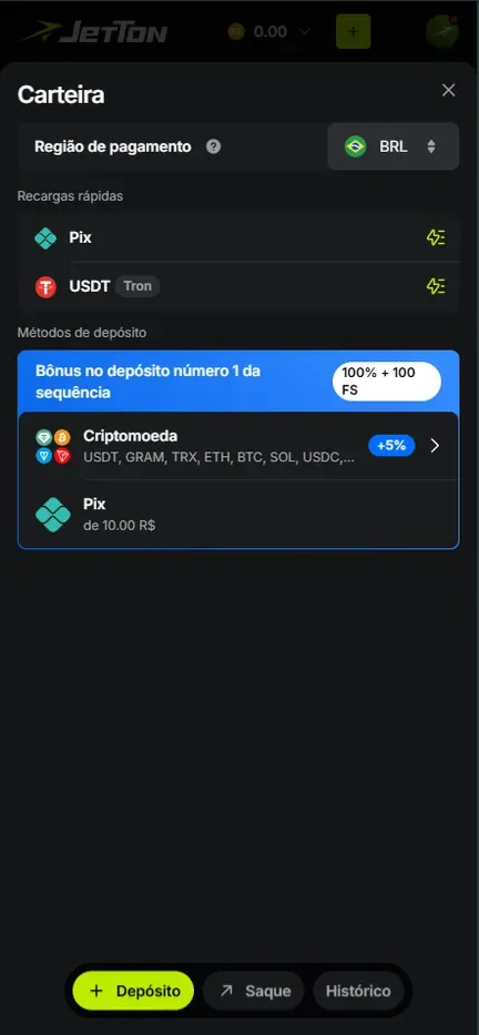 Carteira da Jetton na região BRL com Pix a partir de R$ 10,00 e criptomoedas com +5%