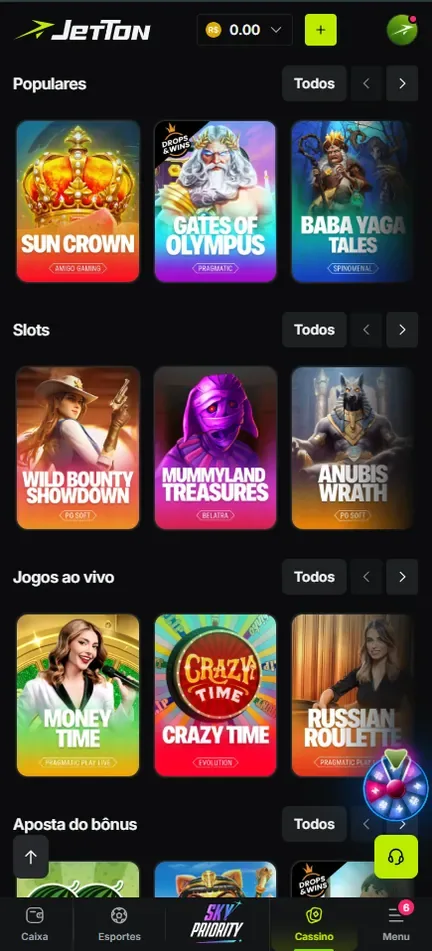 Lobby da Jetton no celular com as faixas Populares, Slots, Jogos ao vivo e Aposta do bônus