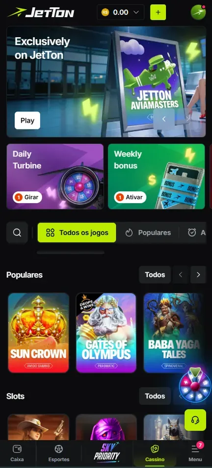 Lobby da Jetton aberto no celular, com banner, cartões Daily Turbine e Weekly bonus, filtro Todos os jogos e fileira Populares