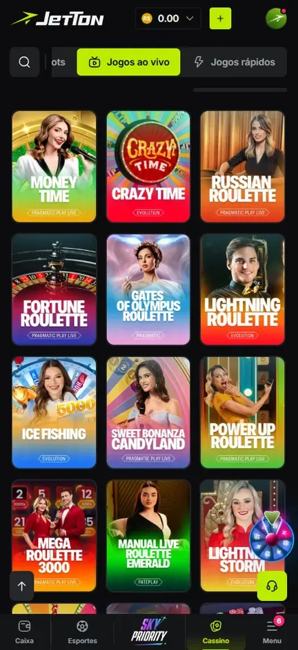 Grade de jogos ao vivo da Jetton com capas de Money Time, Crazy Time, Russian Roulette, Ice Fishing e Mega Roulette 3000