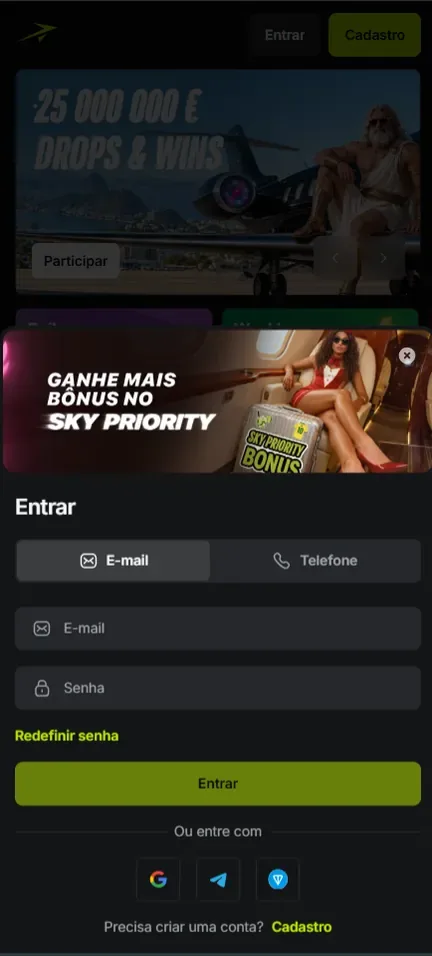 Tela Entrar da Jetton na aba E-mail, com campos E-mail e Senha, link Redefinir senha e as opções Google, Telegram e TON