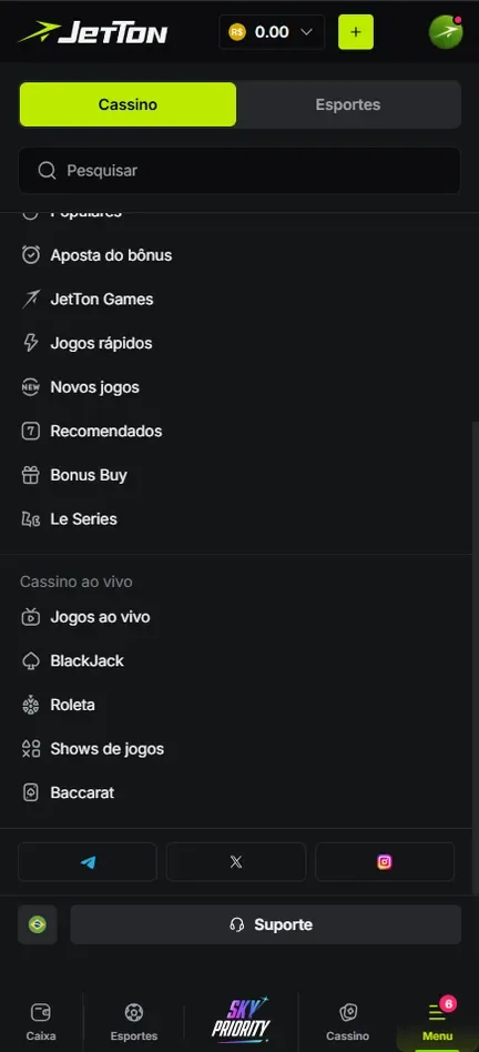 Menu da Jetton com a aba Cassino ativa e o grupo Cassino ao vivo: Jogos ao vivo, BlackJack, Roleta, Shows de jogos e Baccarat