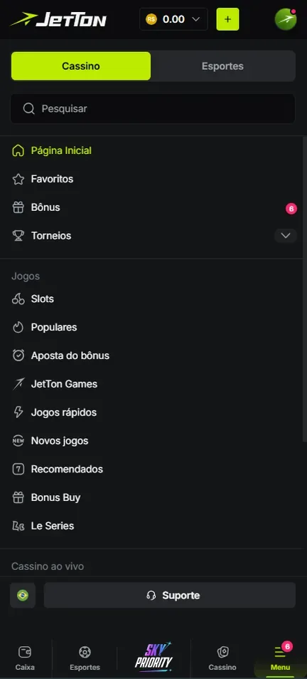 Menu da Jetton na aba Cassino com campo Pesquisar, Favoritos, Bônus, Torneios e categorias de jogos
