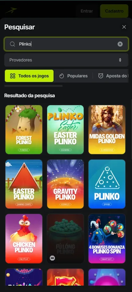 Busca por Plinko na Jetton com várias capas do jogo, entre elas Plinko da Spribe, Easter Plinko, Gravity Plinko e Chicken Plinko
