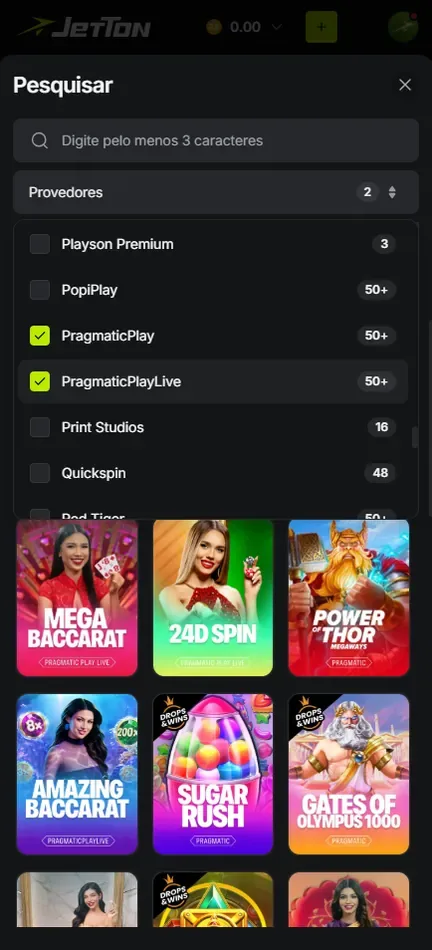 Filtro Provedores da busca da Jetton com PragmaticPlay e PragmaticPlayLive marcados e capas de Sugar Rush e Gates of Olympus 1000