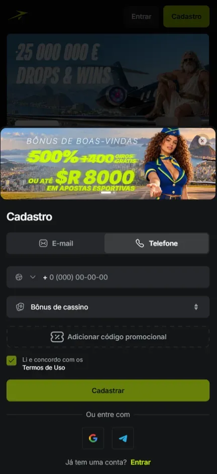 Tela Cadastro da Jetton na aba Telefone, com campo de número e país, seletor Bônus de cassino e botão Cadastrar