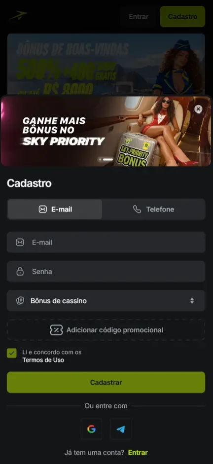 Formulário Cadastro da Jetton na aba E-mail, com campos E-mail e Senha, seletor Bônus de cassino e botão pontilhado Adicionar código promocional