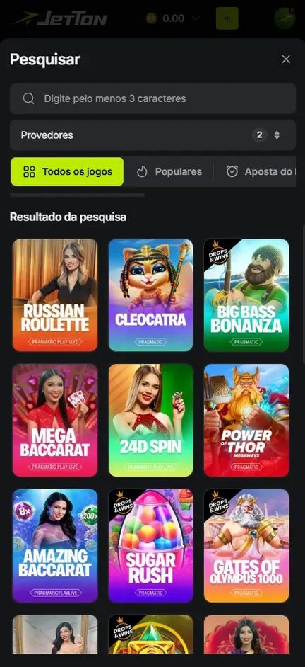 Resultado da pesquisa da Jetton com capas de Big Bass Bonanza, Cleocatra, Sugar Rush e Gates of Olympus 1000, algumas com selo Drops & Wins