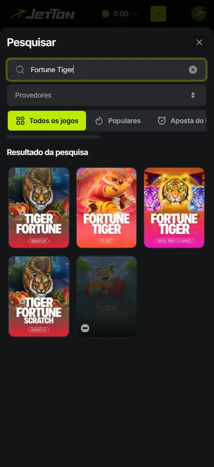Tela Pesquisar da Jetton com Fortune Tiger digitado e cinco capas de jogos de tigre no resultado